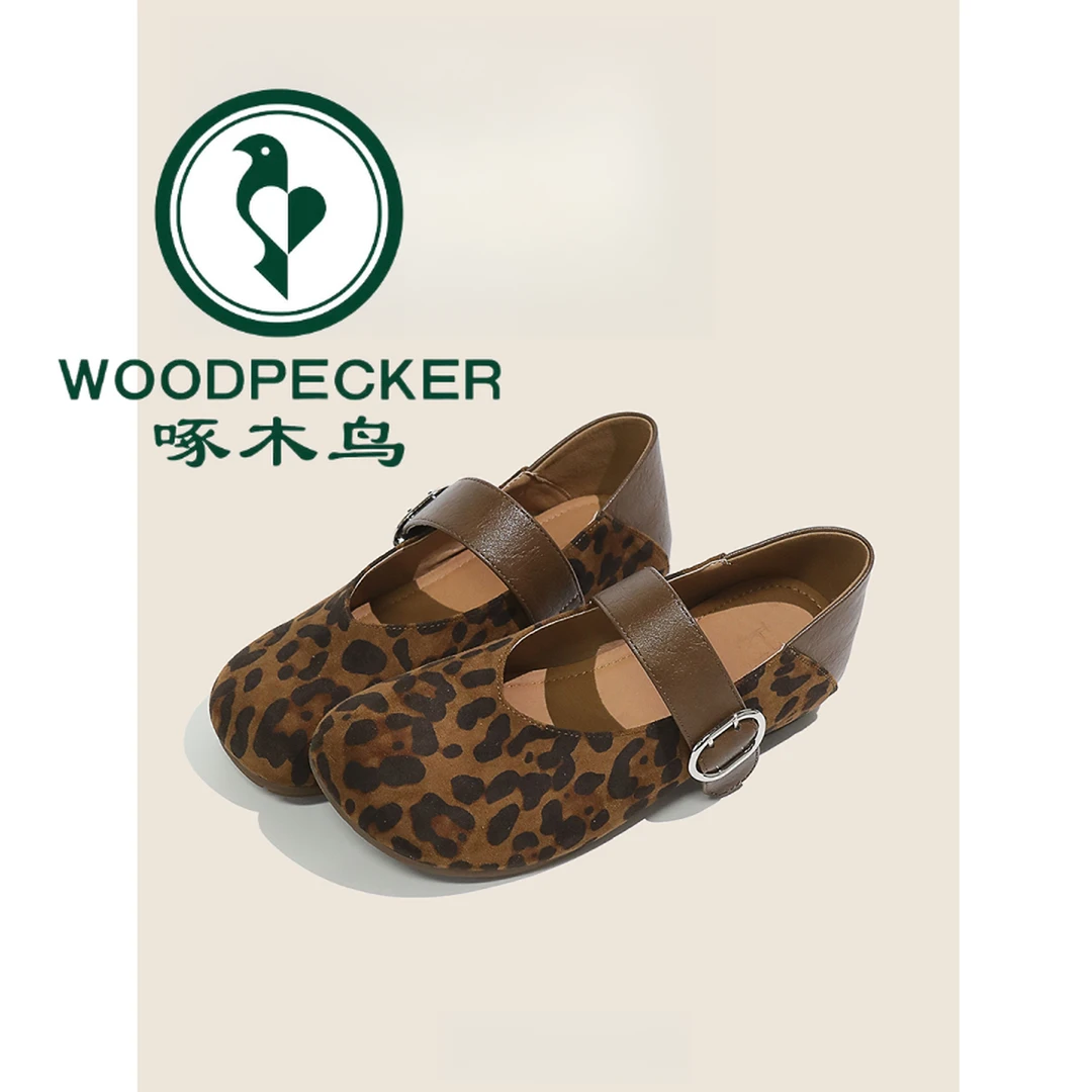 啄木鸟豹纹复古圆头玛丽珍软底勃肯鞋女踩跟防滑平底一字扣带单鞋