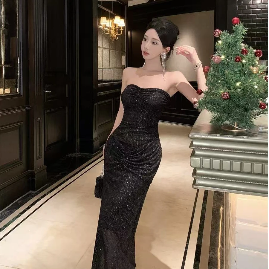 设计感褶皱纯欲烫钻抹胸连衣裙女时尚气质亮闪闪晚礼服长裙子