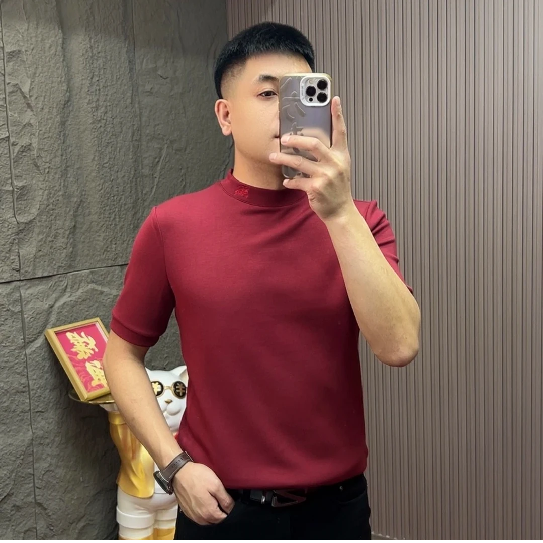 2025-35236短袖纯色半高领圆领秋冬冬季T恤修身男士加绒潮流