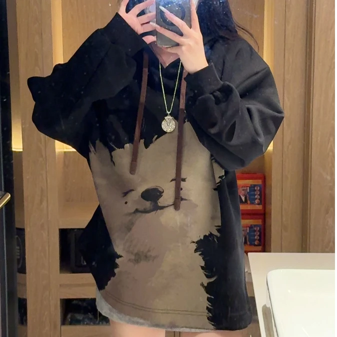 【阳光小狗】秋季宽松慵懒风2025 小狗水墨印染设计感连帽休闲卫衣