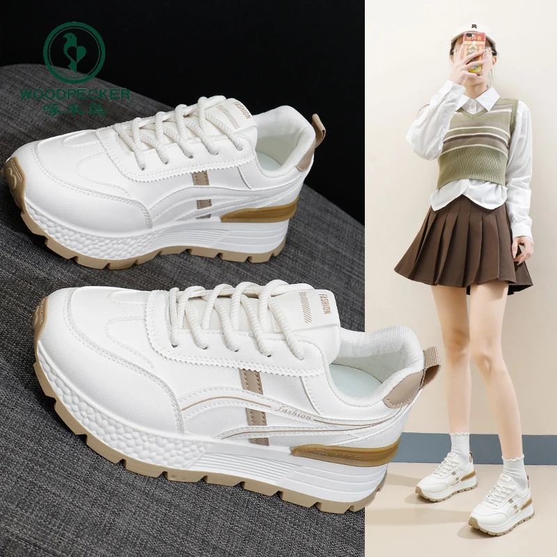 啄木鸟厚底老爹鞋女2025春季新款拼色休闲软底增高阿甘鞋运动鞋