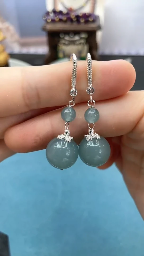 翡翠银S925镶嵌耳饰14mm蓝水双珠