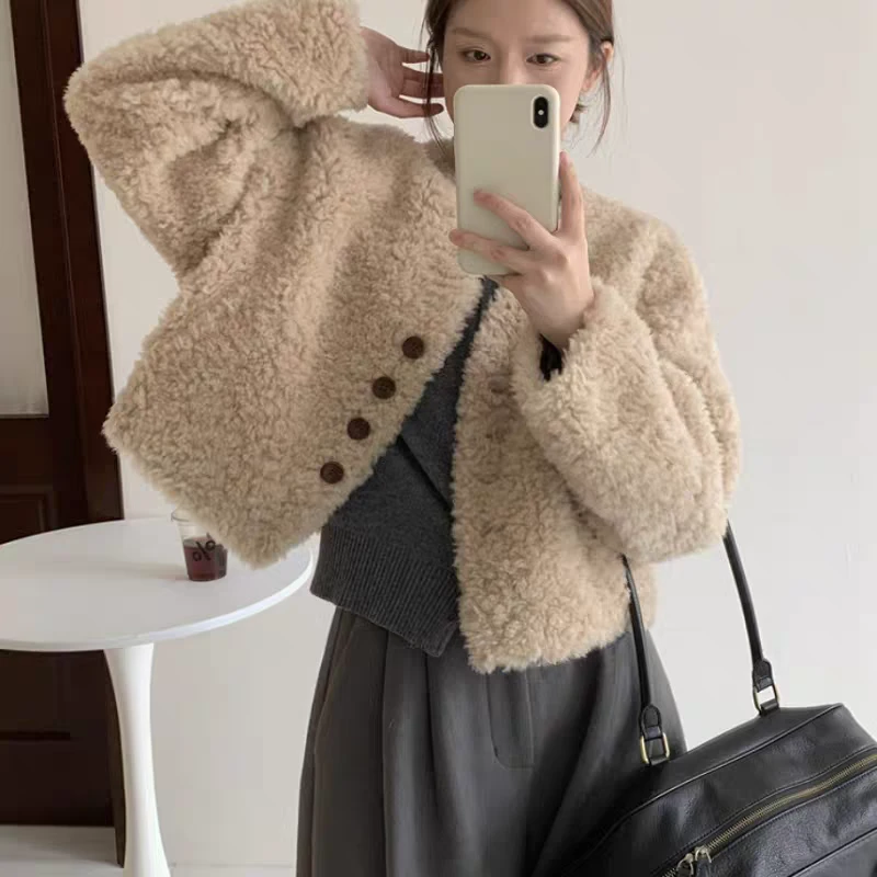 80115气质V领一排扣短款皮毛外套