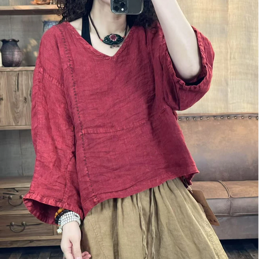 [四月阳光]春季亚麻炒色做旧手工明线宽松休闲女装(长55胸围132)