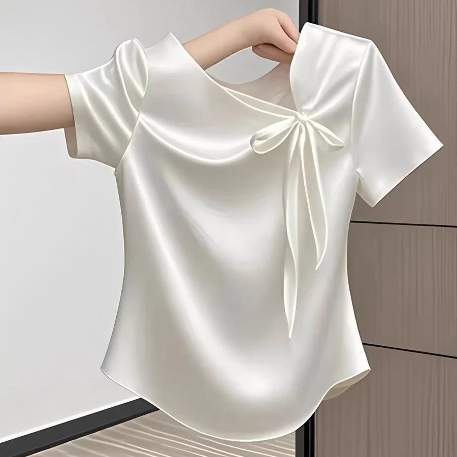沫知莱2025年夏季缎面蝴蝶结短袖百搭气质T恤显瘦设计感女小衫