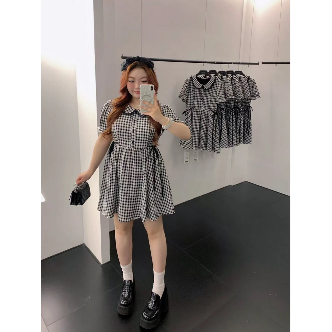 慧芝huizhi DS158黑格少女定制黑白格娃娃领收腰蝴蝶结显瘦连衣裙