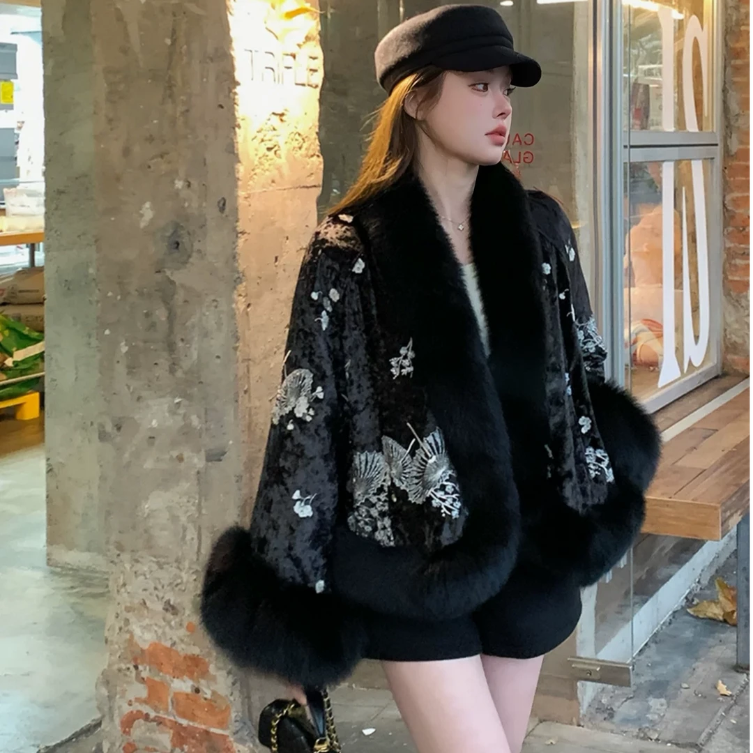 〖猫姐衣橱〗秋冬新款新中式重工亮片皮毛棉服2993