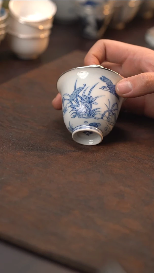 仿明手绘鸳鸯盖碗三包银口