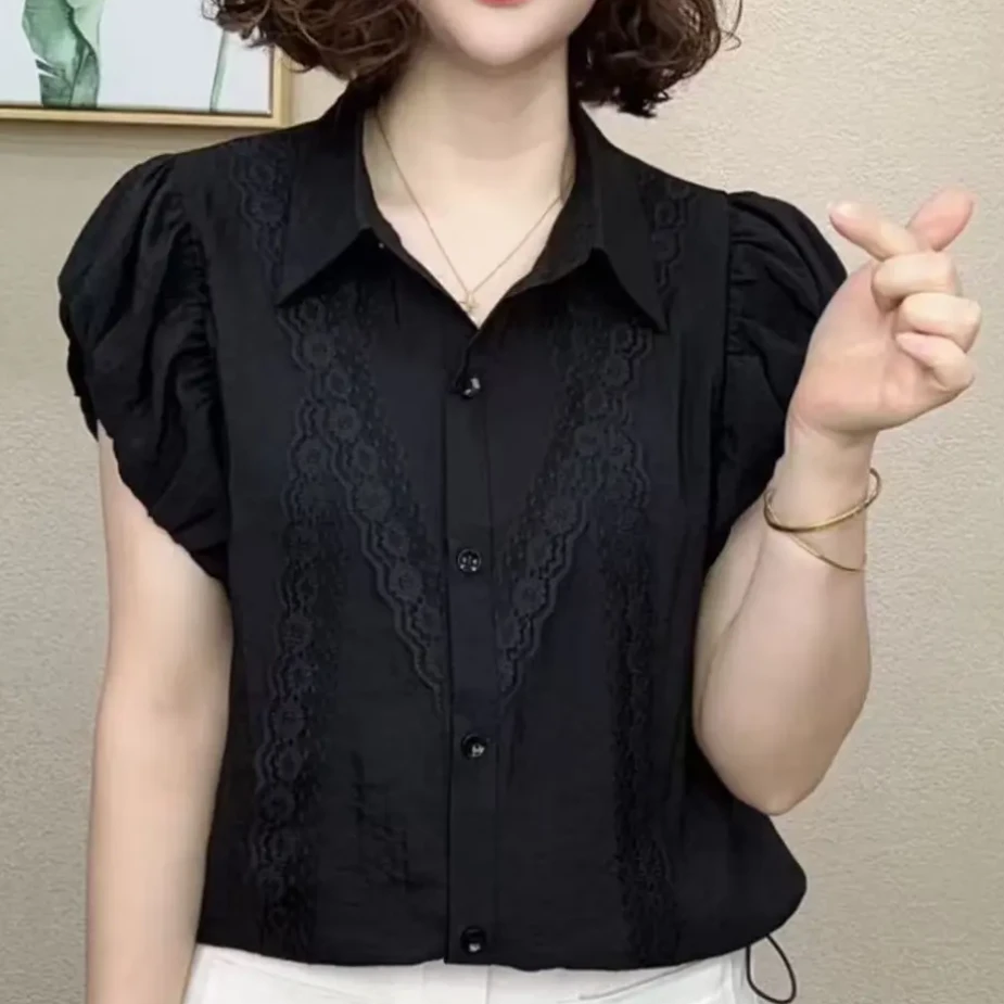 夏季新款时尚洋气翻领短袖衬衫拼接蕾丝显瘦减龄休闲百搭气质上衣