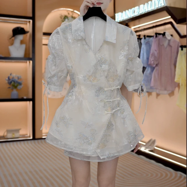 “花蝶叹梅”夏季国风新款气质个性遮肉显瘦衬衫套装 Y693
