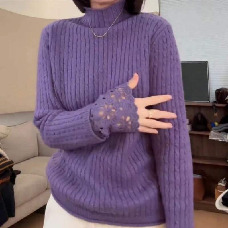 【岁月静好】新款麻花袖口重工钩花工艺立领毛衣LK2508816