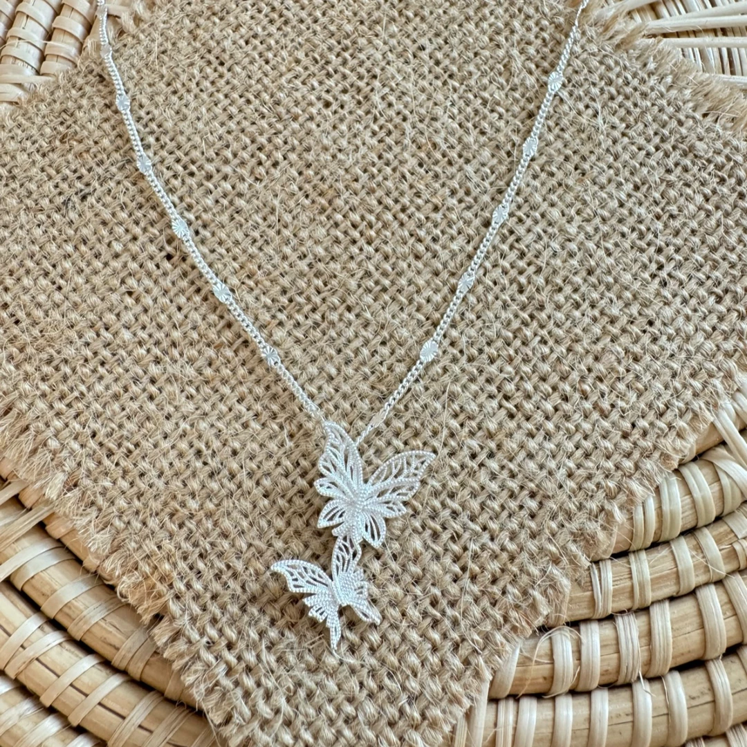 坠链均足银 ins轻奢风项链｜花丝工艺双蝴蝶吊坠·搭配星星链一套