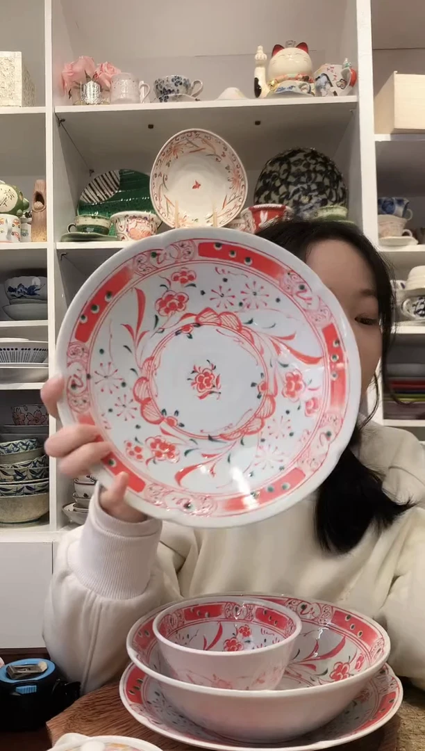 陶瓷日本进口赤绘梅大深盘24.5cm