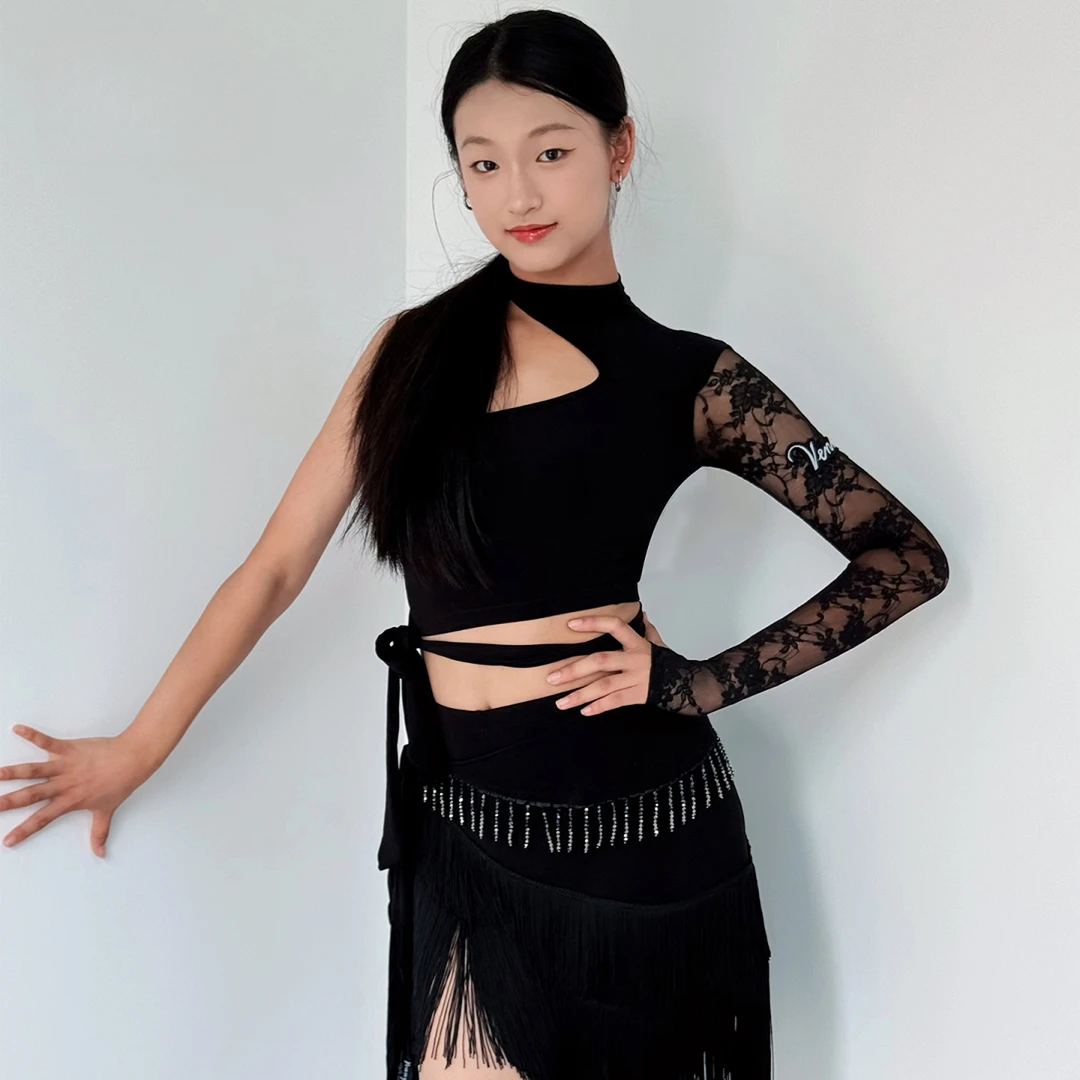 薇妮舞美拉丁舞女童练功服单肩长袖蕾丝上衣流苏短裙训练服套装