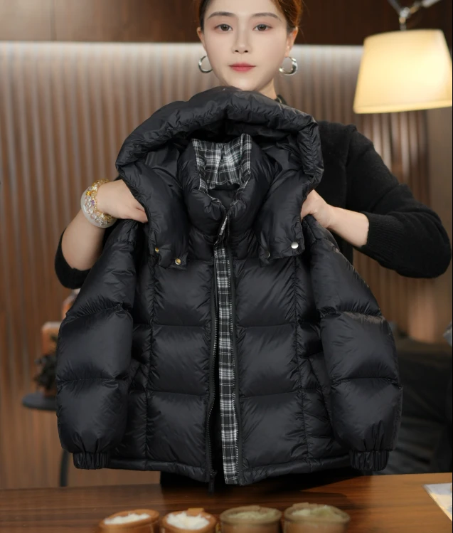 【YY】双倍充绒2025冬季新款黑格拼接款时尚韩系儿童白鸭绒羽绒服
