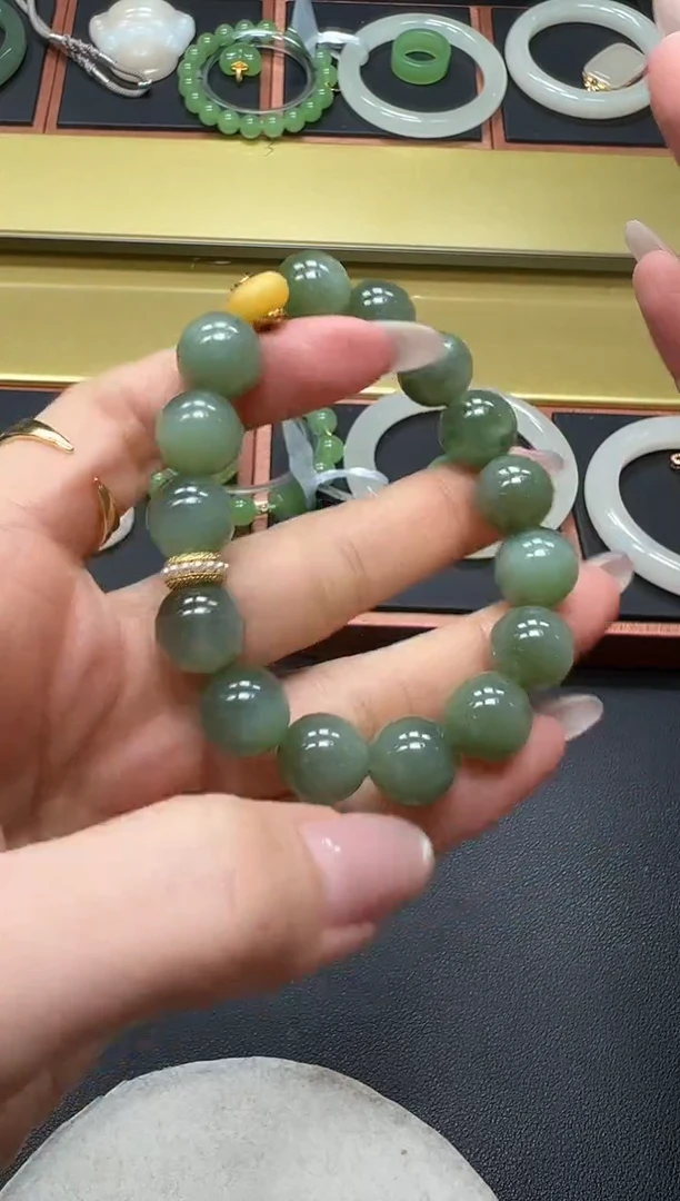 银S925镶嵌手串和田玉碧玉手串多样性发一/有瑕 11mm