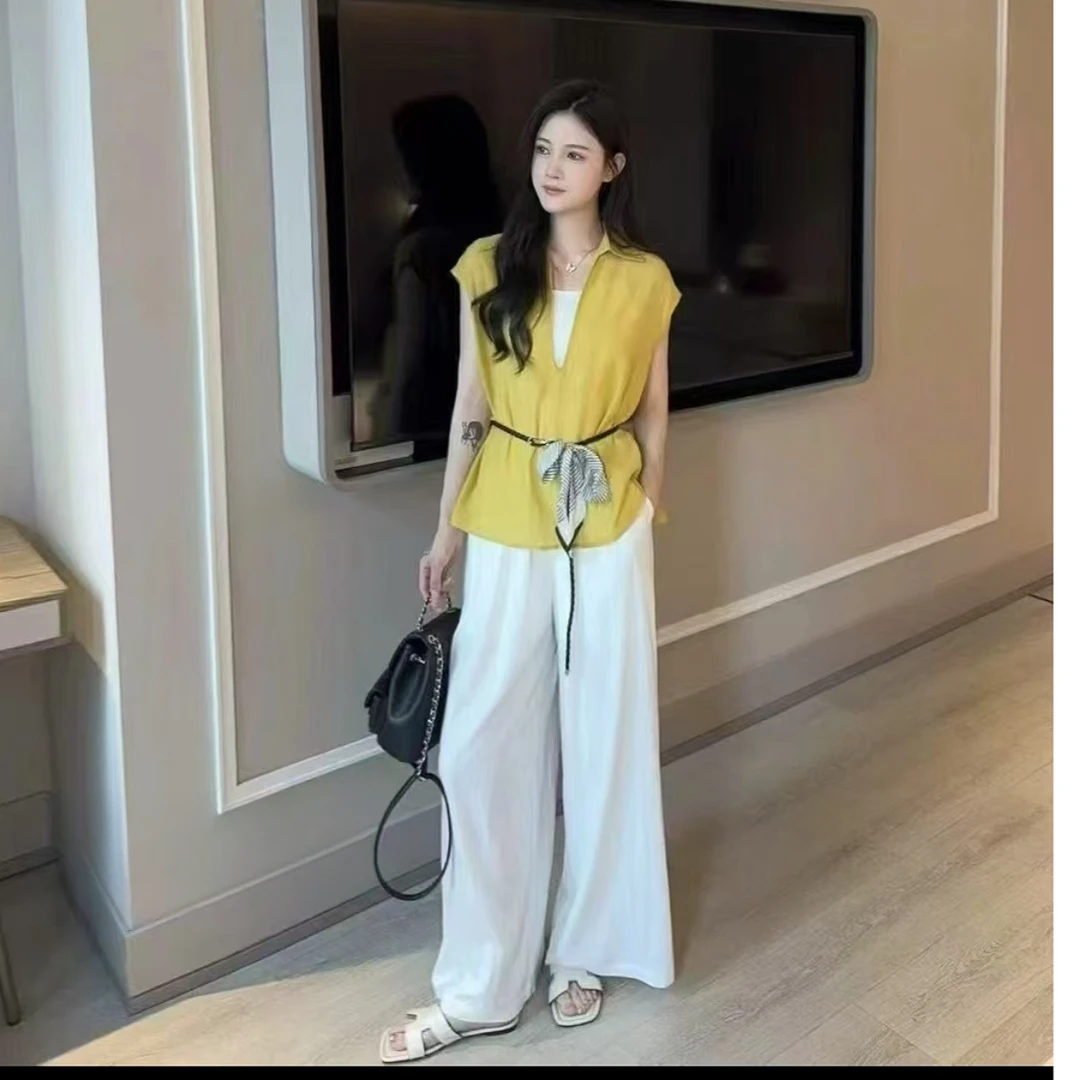 时尚阔脚裤衬衣领无袖套装2025夏季新款潮腰带一整套HJ-2044