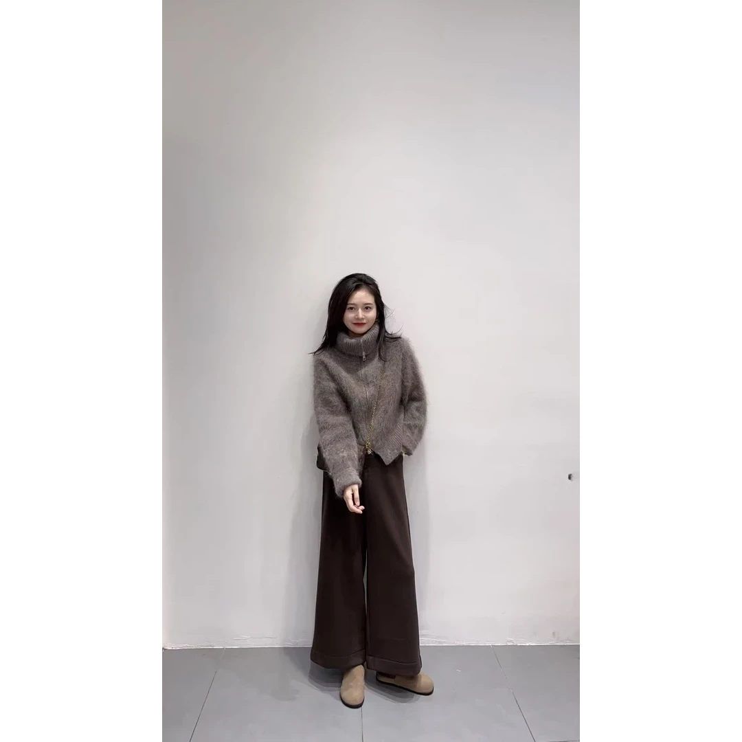 2025秋冬新款高级感深灰色双拉链毛茸茸毛衣外套女长袖开衫休闲裤