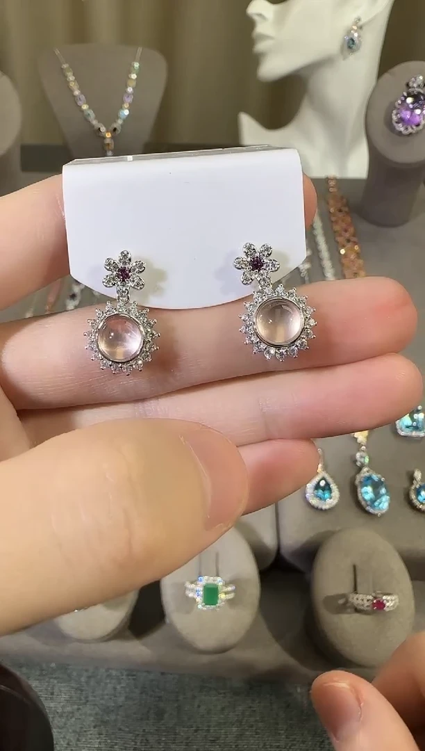 银S925镶嵌耳饰芙蓉石12mm星光粉水晶耳坠