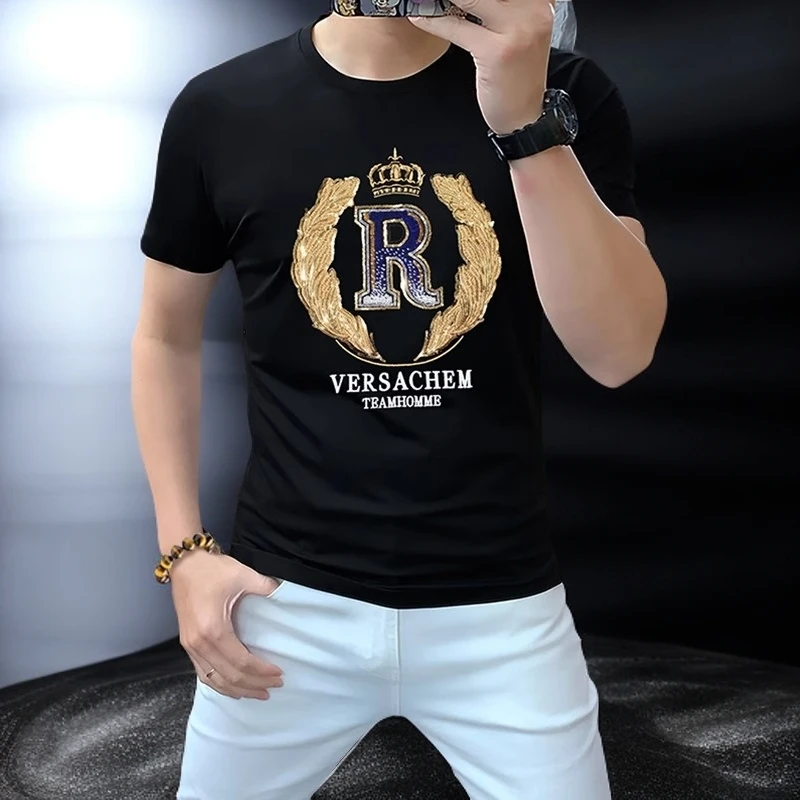 佩托本那夏季高端欧货亮片刺绣男士短袖T恤圆领潮流修身时尚休闲T