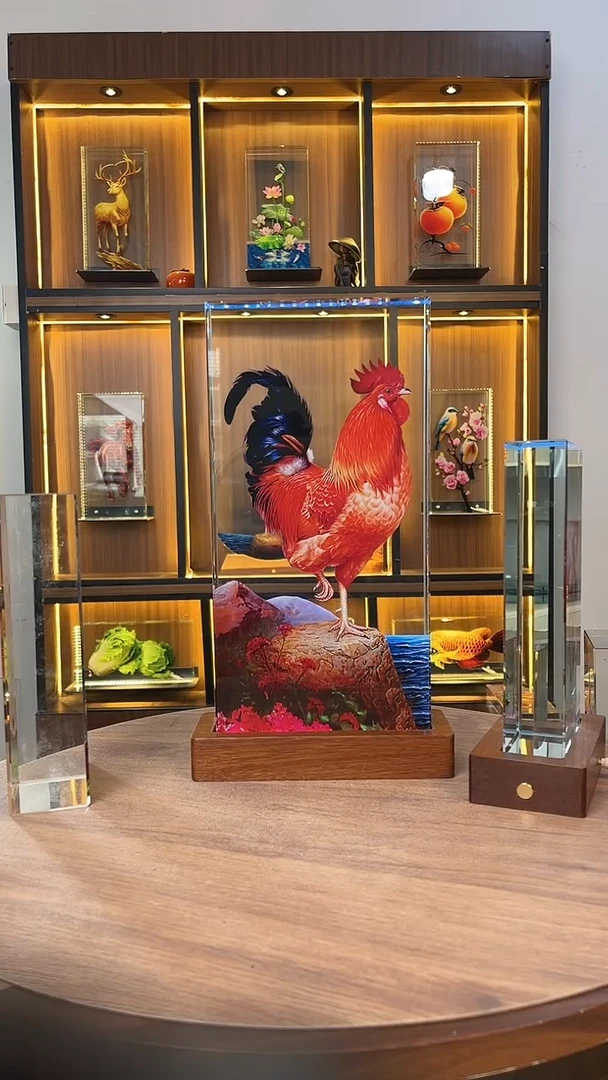 人造水晶南*内画30公分红 公鸡加底座