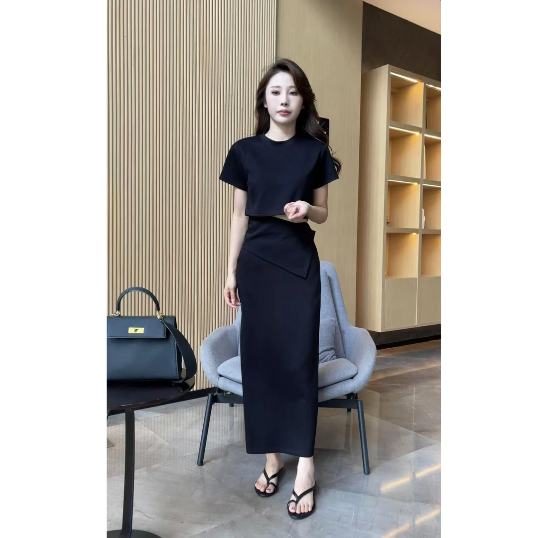【梦婷家】休闲运动套装新款显瘦设计感短袖上衣半身裙两件套-25876