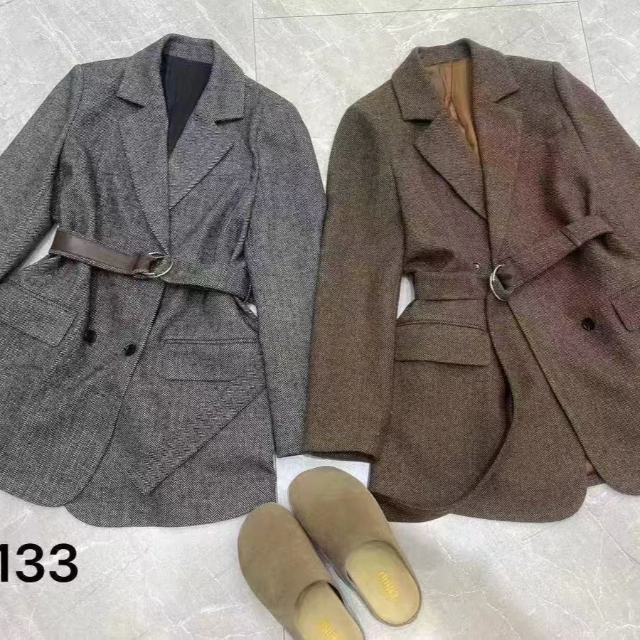 ANYUMO/安妤茉5133英伦复古人字纹西装外套宽松腰带显瘦通勤时尚