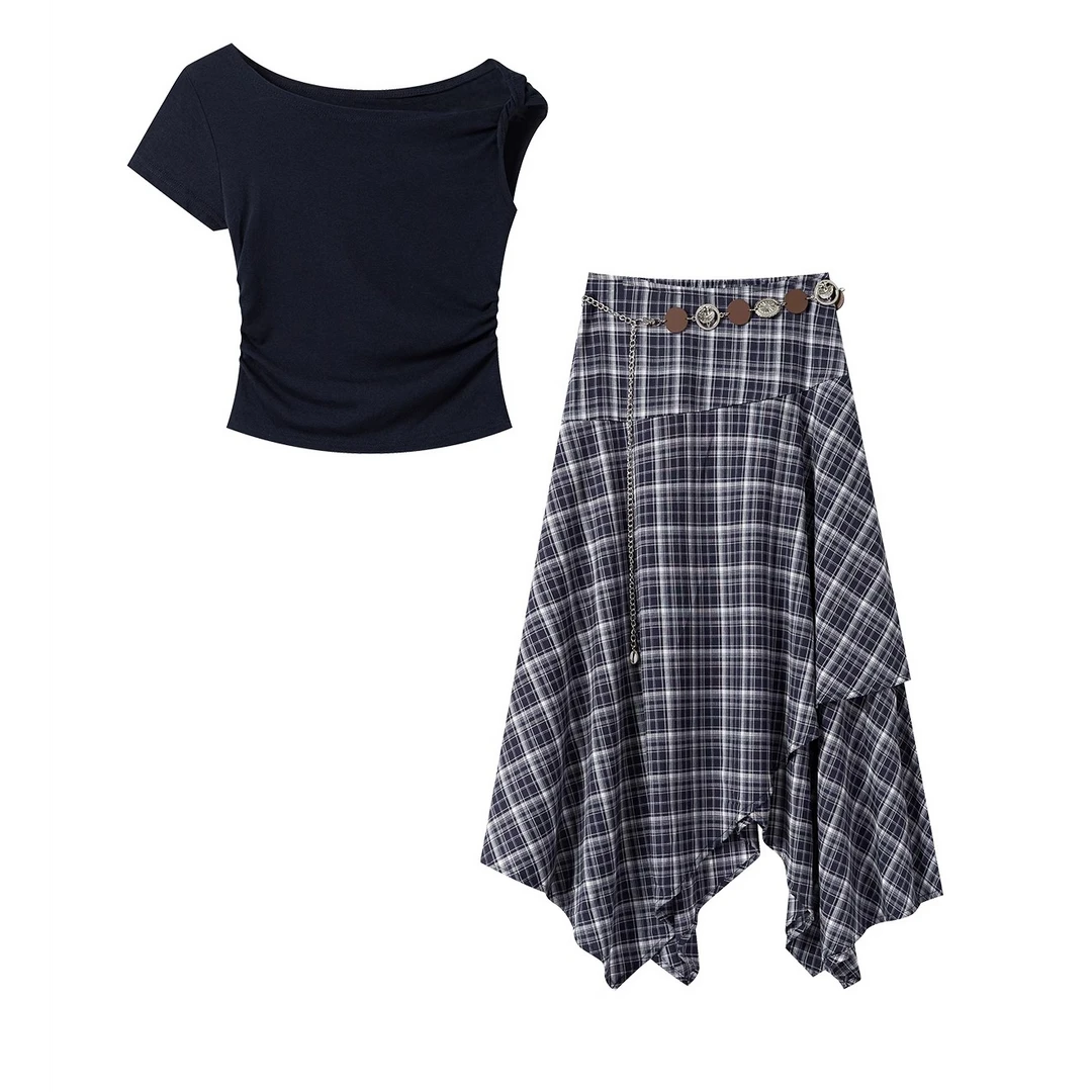 羊城故事-短袖款净版上衣格纹不规则半身裙时尚百搭套装25300