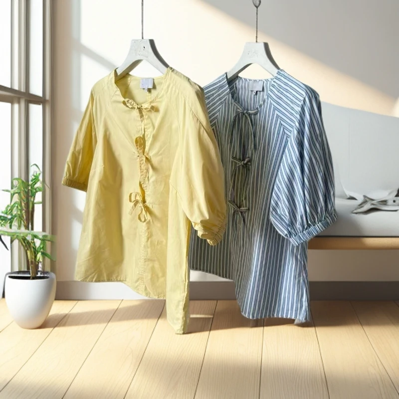 布疵，简约百搭圆领短款衬衫夏新款甜美蝴蝶结系带上衣女25071744