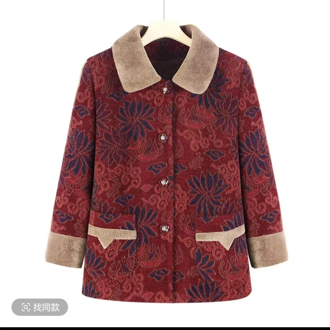 7840冬季新款中老年女装宽松厚外套大码奶奶装加绒保暖毛呢一楼西