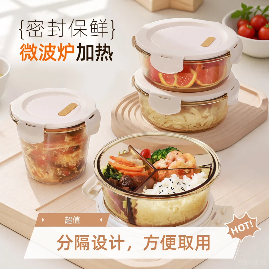 基础创得圆形玻璃饭盒可微波炉加热用班族带饭餐盒汤碗分隔保鲜盒