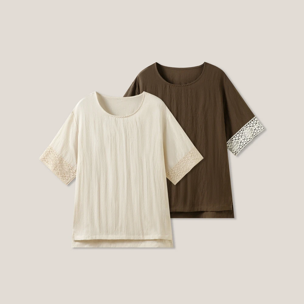 休闲复古百搭钩花拼接袖短袖T恤SS26186