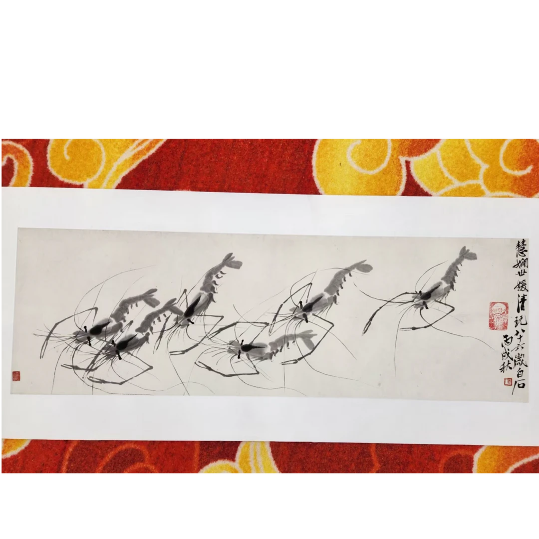 橱窗展示/墨润鑫海艺术中心/白石复刻版画/虾105x34cm