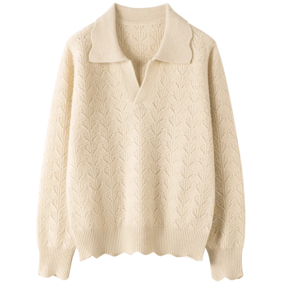 100纯山羊绒衫女士POLO领花边镂空半开翻领针织打底套头毛衣