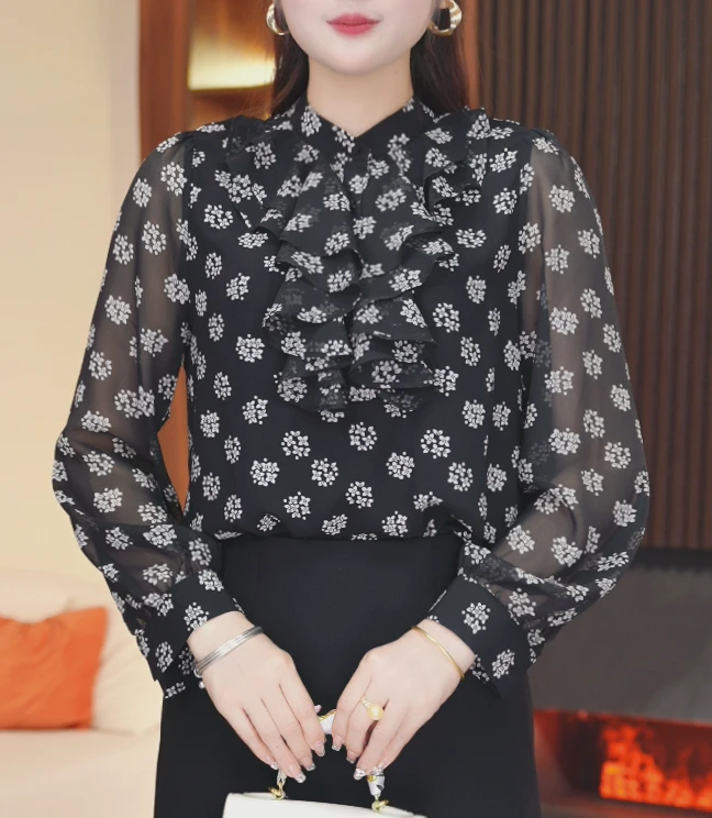 【墨色雪花】新款长袖轻奢衬衫春季高端气质小衫上衣0307-7