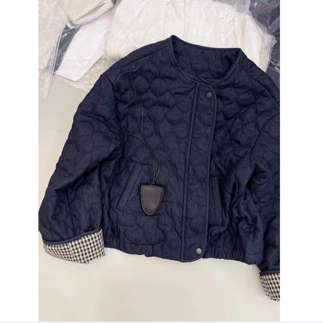 （柚子同款）ZJ秋冬又一款格子袖时尚牛仔棉服8822