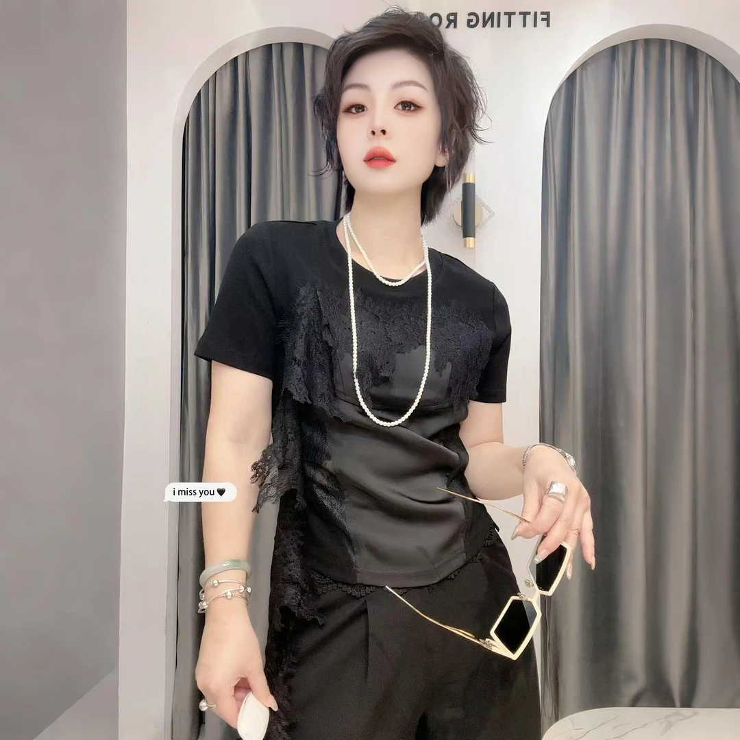 【依尚精选】欧货现货修身型短袖拼接T恤半袖休闲圆领气质修身春夏