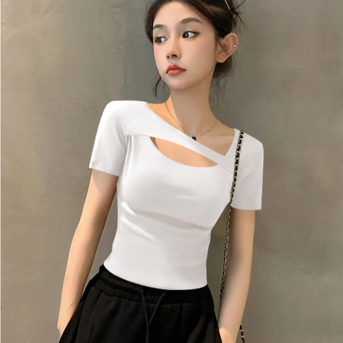 镂空打底上衣春夏新款黑色螺纹短袖T恤女低领设计感修身显瘦性感