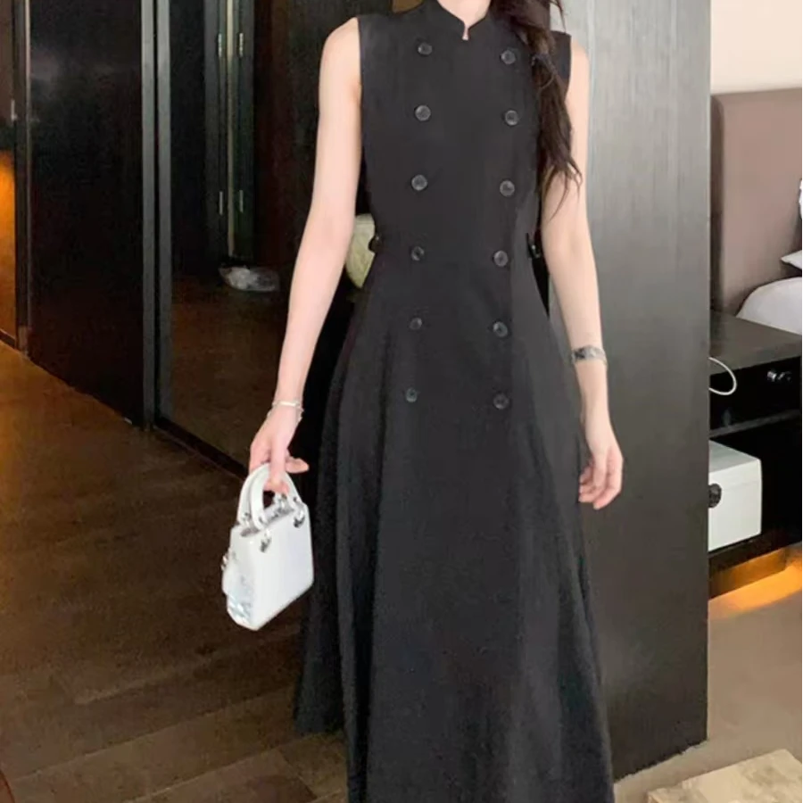 气质黑色无袖西装连衣裙时尚高端正装职业修身西装连衣裙收腰