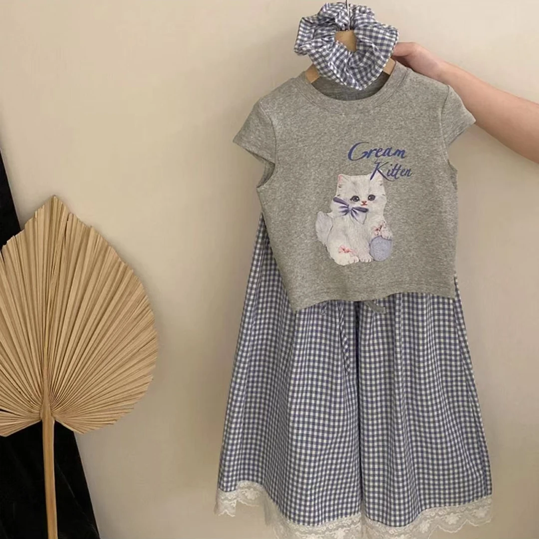 女童夏装套装新款儿童蝴蝶结猫咪印花短袖宽松阔腿休闲裤两件套潮