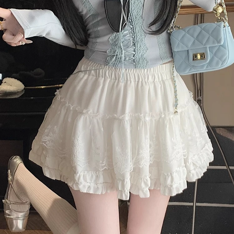 法式白色蕾丝拼接A字半身裙女早春新款显瘦蓬蓬蛋糕裙高腰短裙子