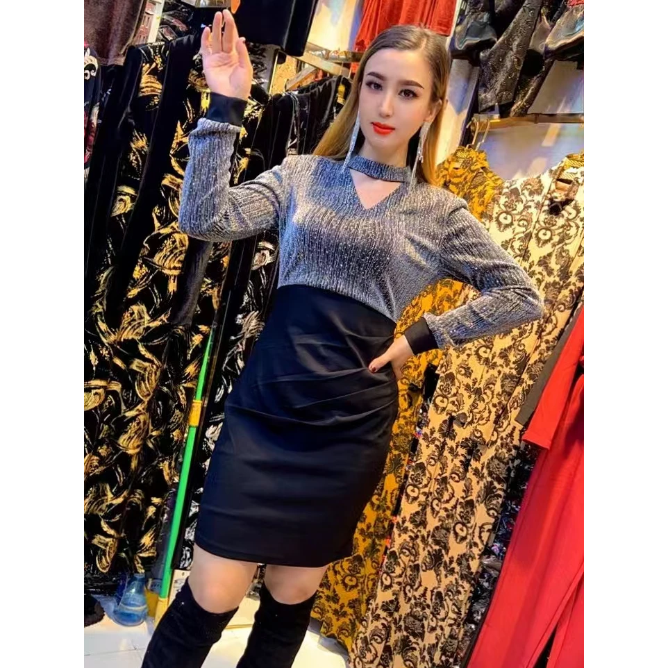 V领长袖连衣裙修身显瘦不规则05(爱菲娜)