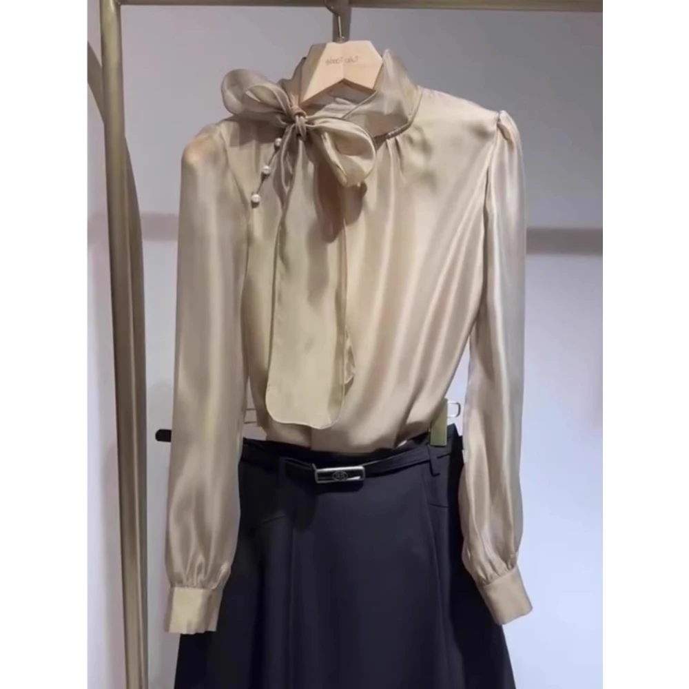 绝了！！松弛穿搭，！高级感衬衫女驼色上衣飘带蝴蝶结百搭长袖衬衣