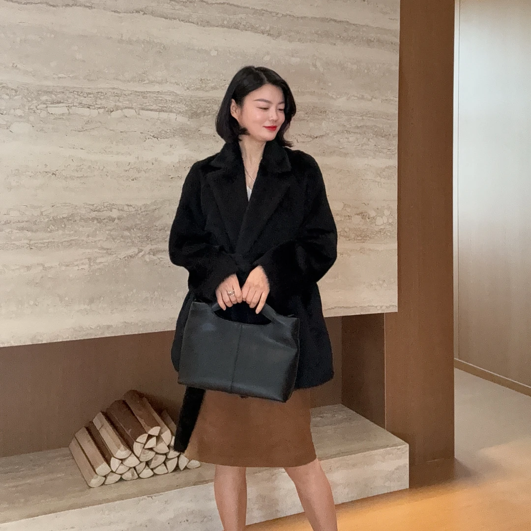 TANTAN 气质时尚秋冬收腰V领宽松毛呢外套3056