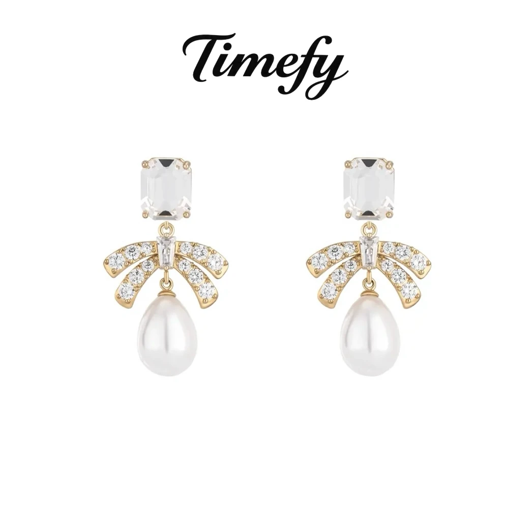 铜合金合成锆石耳饰 法式优雅气质蝴蝶水滴形珠珠耳环