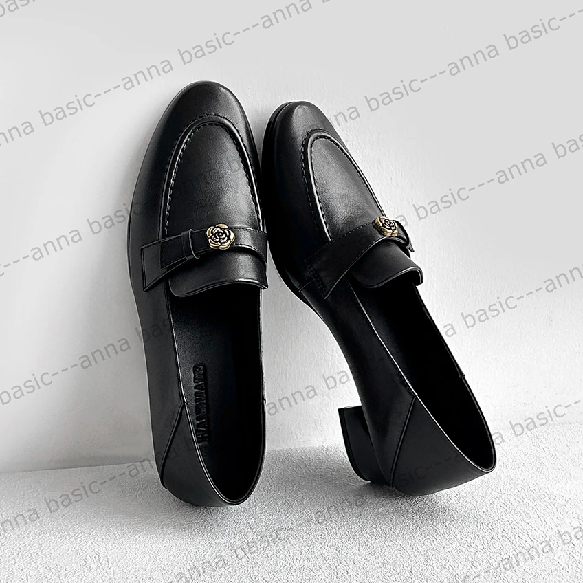 3cm/FC1801牛皮粗跟单鞋女韩版百搭乐福鞋英伦风真皮平跟圆头