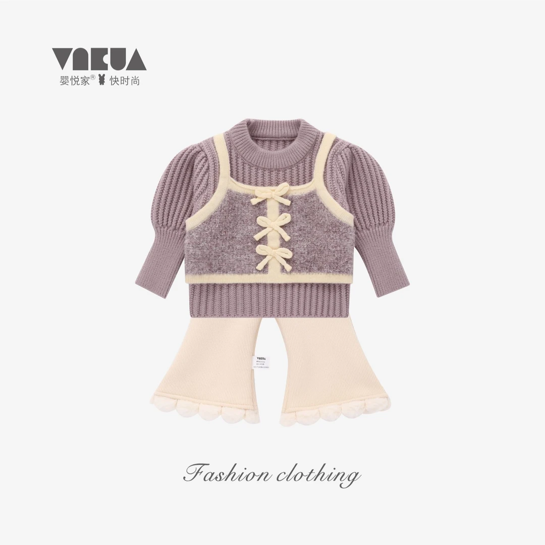 婴悦家洋气女童小童时尚春秋套头假两件针织衫93089+88320