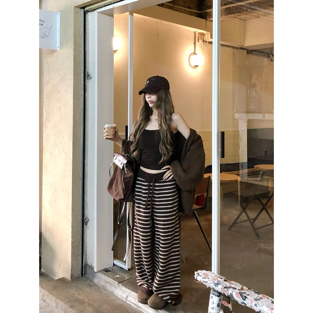 开衫外套+内搭吊带+条纹阔腿裤三件套宽松慵懒休闲套装女冬01211