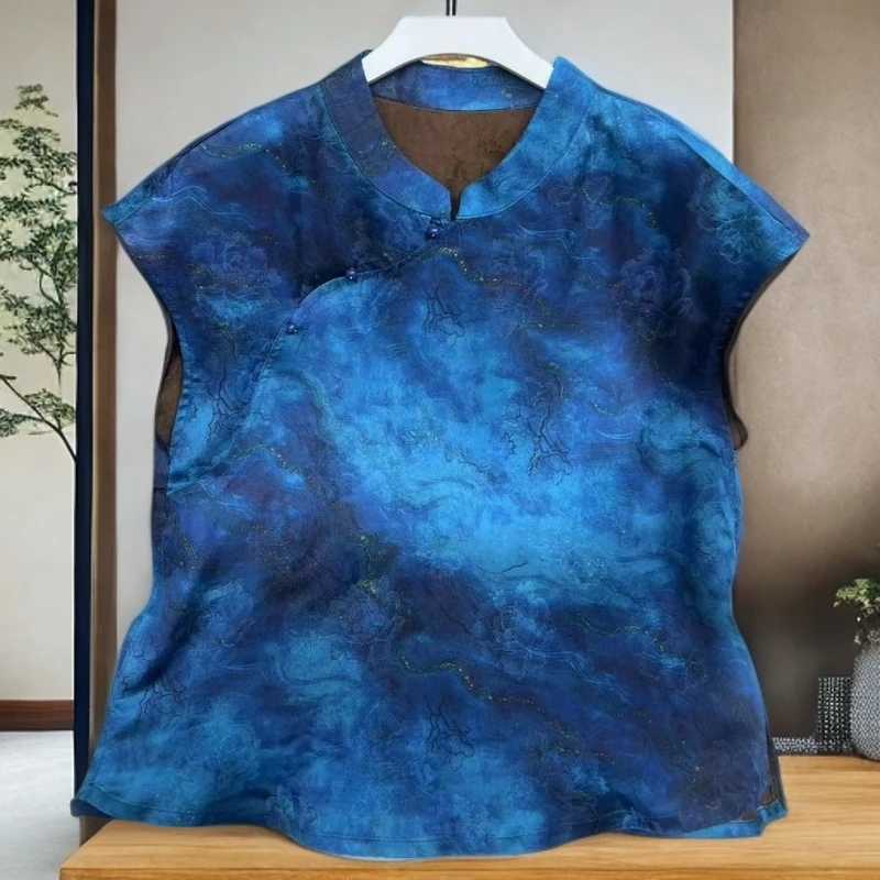 187【金姐专属】新款蓝色时尚复古提花斜襟中国风轻奢上衣