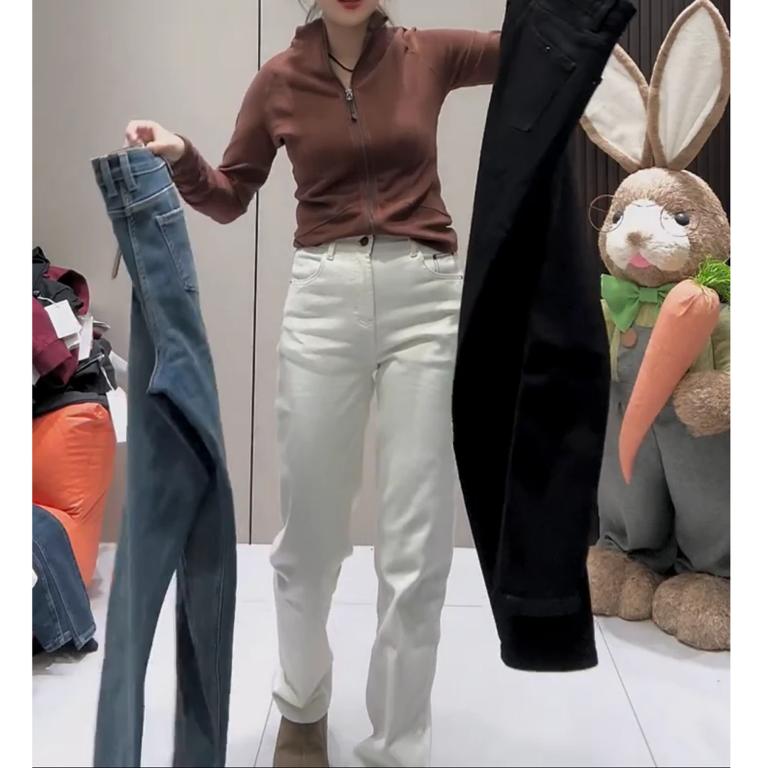 秋冬新款胖mm大码宽松加绒加厚窄版直筒裤显瘦百搭牛仔裤女